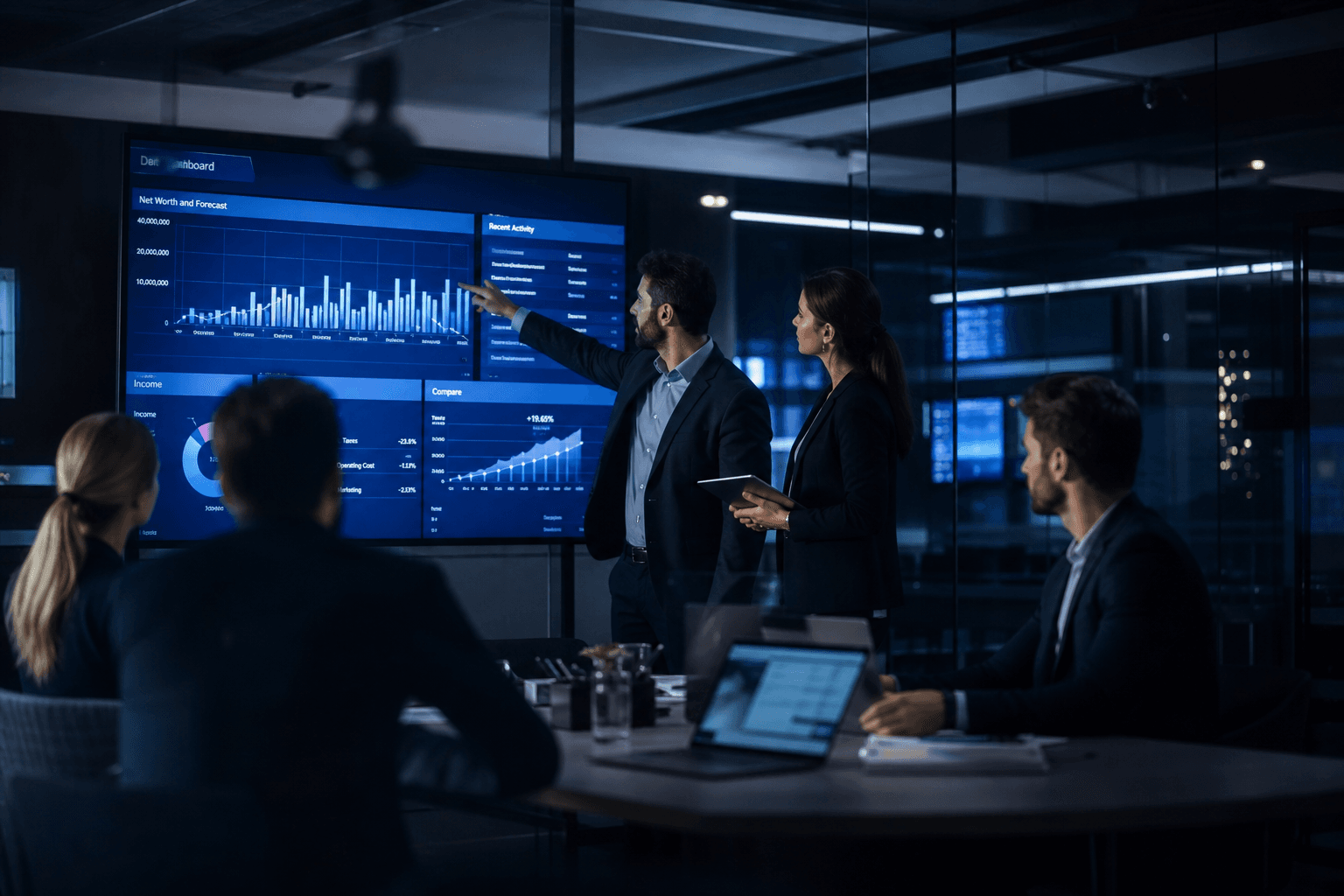 FinAxis consultants collaborating around analytics dashboards
